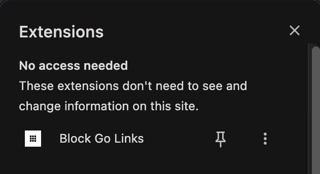 Chrome Extensions menu showing Block Go Links