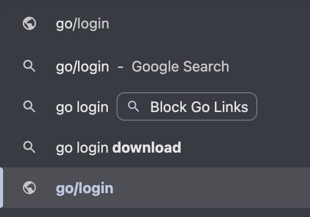 Chrome address bar suggestions for go/login, with the last one (go/login, globe icon) highlighted