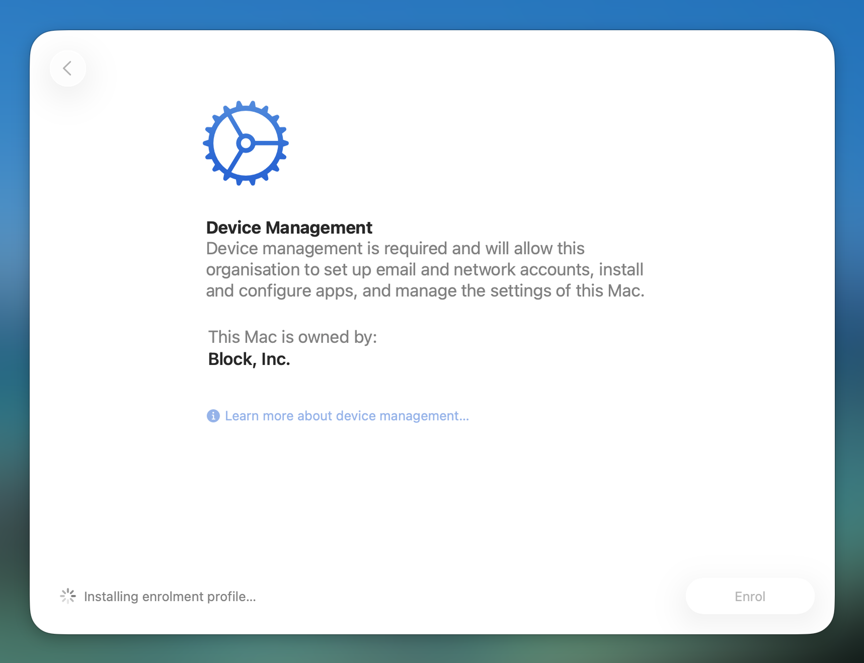 Device Management screen showing Installing enrolment profile