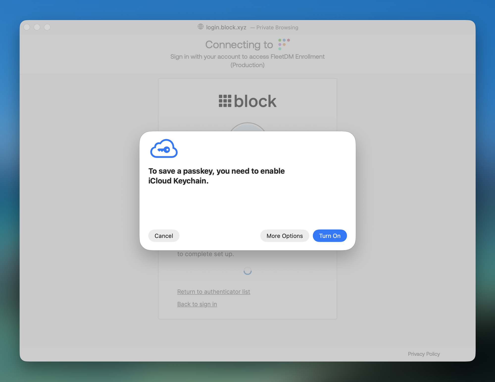 macOS prompt: To save a passkey, you need to enable iCloud Keychain, with More Options button