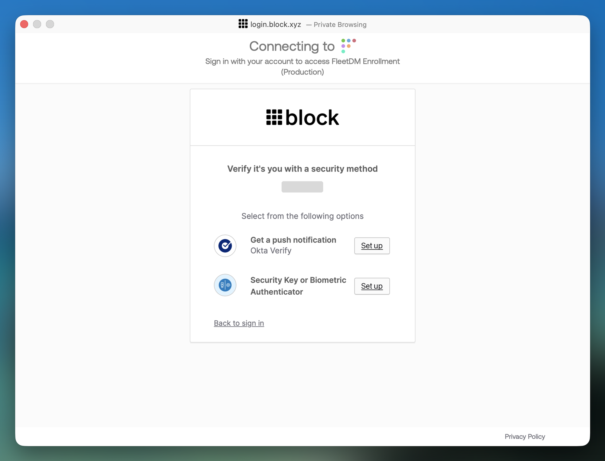 Okta Set up security methods screen with Set up buttons